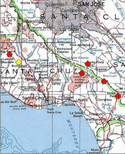 A red polygon indicates an extant occurrence; yellow indicates the occurrence has been extirpated. 